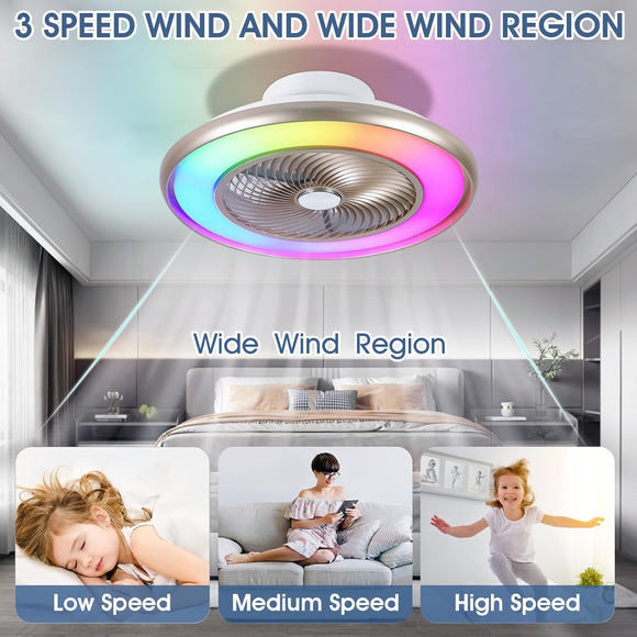 22"Bladeless Low Profile Ceiling fans With Lights and Remote, Modern Flush Mount - Picture 5 of 8